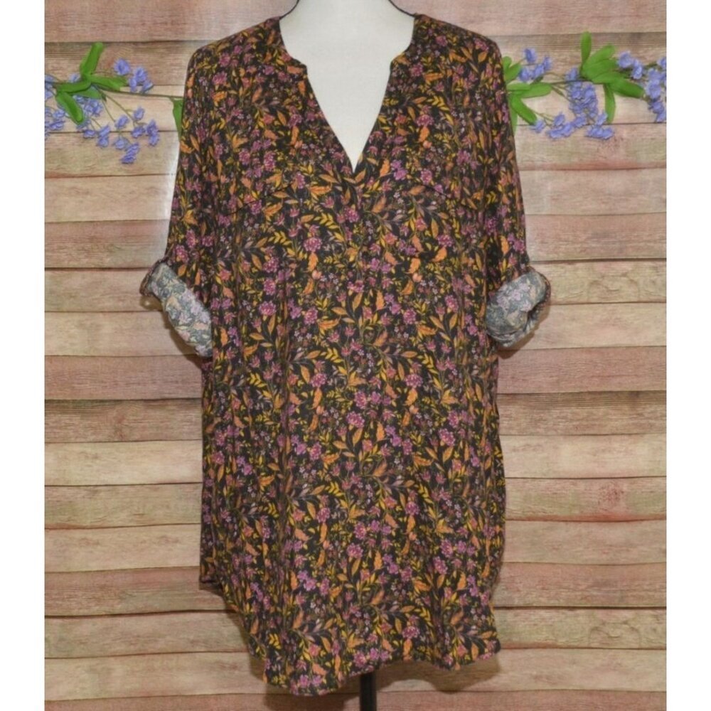 Torrid Harper Black Floral Blouse Top Plus Size 2X V-Neck Tunic Casual Comfy